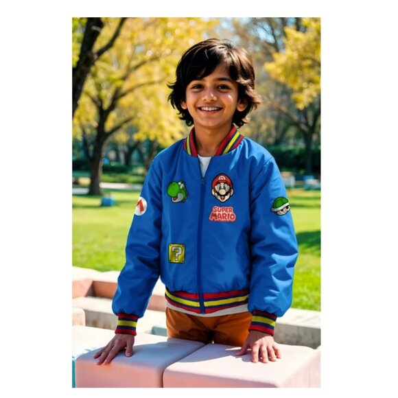 Nintendo Super Mario Varsity Bomber Jacket Little Boy, Mario & Yoshi Size 8 Blue - Picture 6 of 6